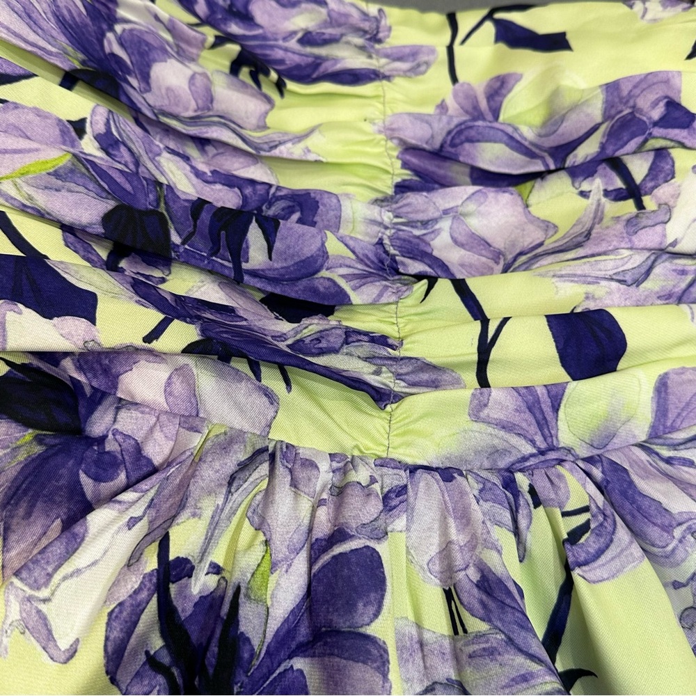 DELFI Purple Yellow Floral Puff Sleeve Sweetheart Mini Dress M Coquette Girl - Picture 6 of 11